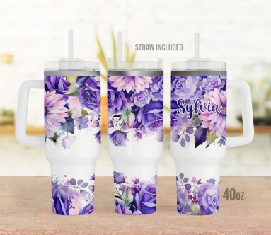Purple Flowers Personalized Floral  30oz or 40oz Tumbler with Handle, Gift for Her HG